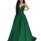 PAVERJER Spaghetti Strap V Neck Satin Prom Dress Long with Pockets Formal Party Dress Ruched Evening Gown Emerald Green Size 2