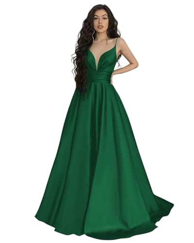 PAVERJER Spaghetti Strap V Neck Satin Prom Dress Long with Pockets Formal Party Dress Ruched Evening Gown Emerald Green Size 2