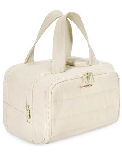 BAGSMART Travel Toiletry Bag, Lightweight Large Wide-open Travel Bag for Women, Puffy Cosmetic Makeup Bag Organizer with Handle for Accessories,Essentials, Toiletries, Beige