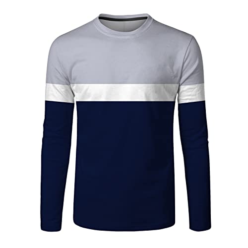 Mens Long Sleeve T Shirt Long Sleeve Polo Shirts Mens Deals Mens Fashion Casual Sports Striped Stitching Digital Printing Round Neck T Shirt Long Sleeve Top Short Sleeve Plus Size Shirt (1-Navy, XXL)