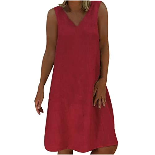 Zeiayuas Linen Summer Dress for Women UK V Neck Sleeveless Tank Dresses Holiday Beach Party Tunic Dresses Going Out Midi Dress Elegant Solid Color Dress Plus Size 22 Wine