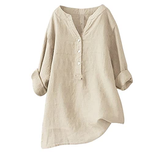 Deals of The Day Lightning Deals Add on Items only 1 Pound Summer Tops for Women UK Women's Printed Patchwork Buttons V Neck Cotton Blouse Shirt Beige