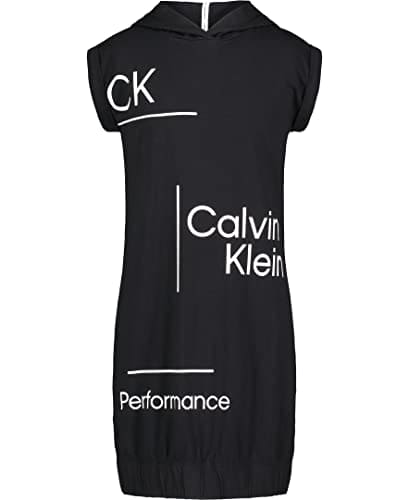 Calvin Klein Girls' Performance Logo Sweatshirt Dress, Fleece Hoodie with Long or Short Sleeves, Black Clinched Hem, 12-14