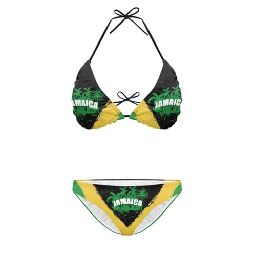 GLUDEAR Women's Sexy Two Piece Jamaican Flag Bikini Straps Cute Swimsuit Triangle Thong Bottom Bathing,Jamaica Island,XS