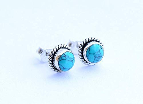 Turquoise Stone Stud Post Earrings, 925 Sterling Silver Gemstone Earring 6 MM Round Girl Women Gift