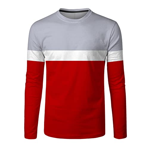 Mens Long Sleeve T Shirt Long Sleeve Polo Shirts Mens Deals Mens Fashion Casual Sports Striped Stitching Digital Printing Round Neck T Shirt Long Sleeve Top Short Sleeve Plus Size Shirt (1-Red, XXL)