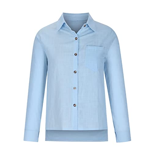 AMhomely Women's Tops Party Elegant Short/Long Sleeve For Work UK Cotton Linen Blouse Button Down Casual T Shirts Business Office Tunic With Breast Pocket Oversized Plus Size Light Blue XXL