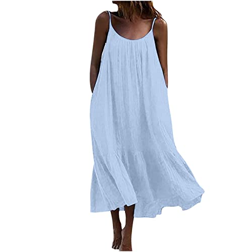 Holiday Beach Dress for Women UK Clearance Boho Spaghetti Strap Long Dress Sleeveless Maxi Dress Summer Casual Linen Sundress Solid Color Beach Dresses Swing Loose Flowy Dress Sky Blue