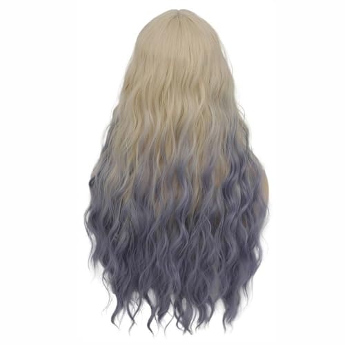 Siudus Womens Blonde to Blue Curly Long Wig with Bangs Wavy Wave Natural Looking Synthetic Fiber Wig for Cosplay Halloween Use