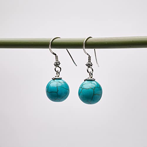 TreasureBay Handmade 12mm Natural Blue Turquoise Dangle Drop Ball Earrings, Womens Pierced Earrings