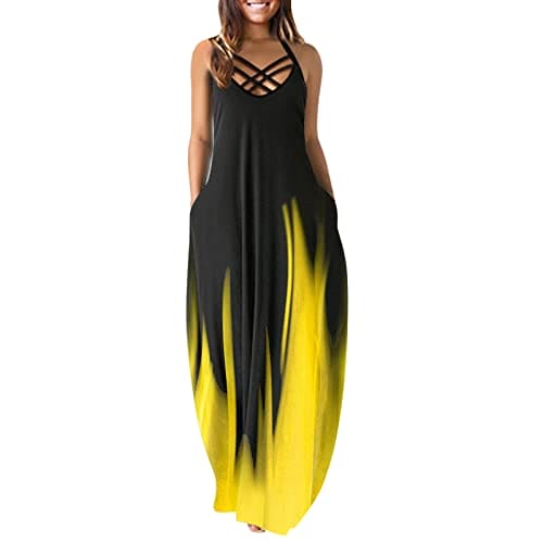 FQZWONG Maxi Dress for Women,2022 Summer Casual Beach Sleeveless Sexy Graduation Long Y2K Dress with Pockets Tie Dye Flowy Party Club Night Boho Hawaiian Sundresses Plus Size(R Yellow,XX-Large)