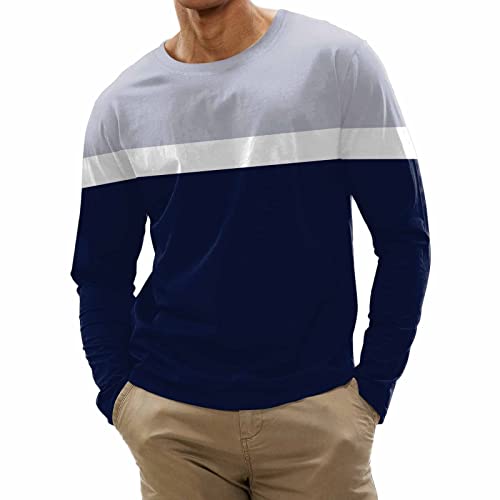 Mens Long Sleeve T Shirt Long Sleeve Polo Shirts Mens Deals Mens Fashion Casual Sports Striped Stitching Digital Printing Round Neck T Shirt Long Sleeve Top Short Sleeve Plus Size Shirt (1-Navy, XXL)