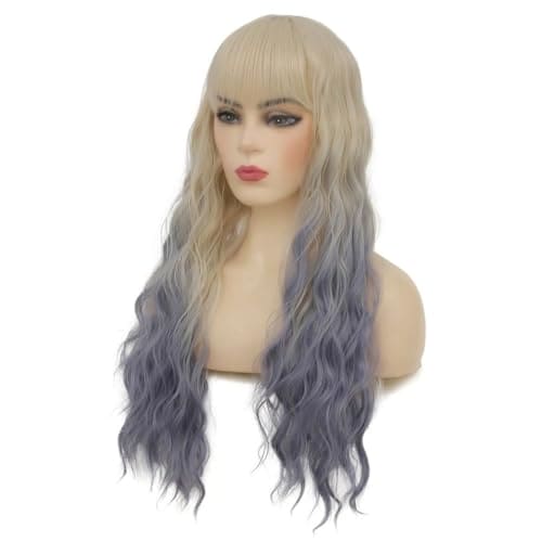 Siudus Womens Blonde to Blue Curly Long Wig with Bangs Wavy Wave Natural Looking Synthetic Fiber Wig for Cosplay Halloween Use