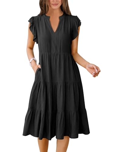 ANRABESS Women's Summer Dress Casual V Neck Sleeveless Flowy Tiered Sundress 2024 Fashion Wedding Guest Travel Party Resort Cruise Wear Boho Beach Midi Dresses with Pockets Black A1408heise-M