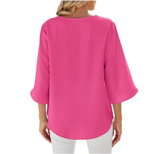 O-727 Hot Pink Loose Fit Long Tee Shirts for Women Fall Summer Split Short 1/2 Sleeve Vneck Casual Plain Tops Shirt Ladies 2024 Soft Comfy Clothing Y2K LQ L