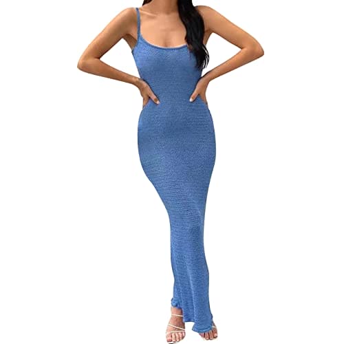 Sexy Knitted Dress Bodycon Dress for Women Sleeveless Spaghetti Strap Neck Maxi Dress Backless Summer Beach Dresses Summer Dress Black Women, blue, M