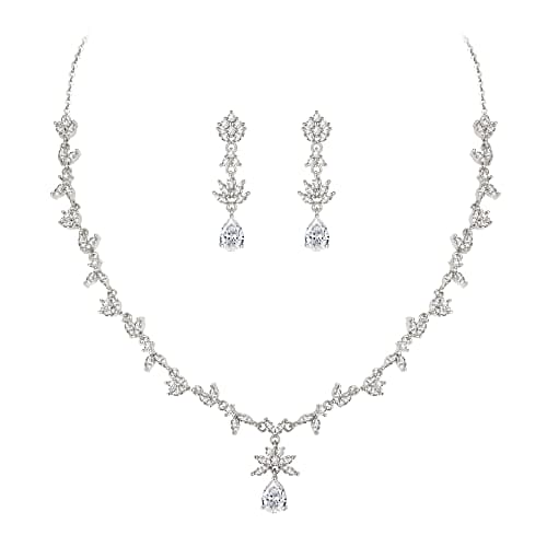 Clearine Wedding Bridal Flower Leaf Crystal Teardrop Necklace Earrings Set CZ Marquise Pendant Jewellery Set Gifts for Women Brides Clear Silver-Tone