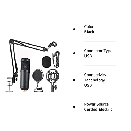 Professional Cardioid Studio Condenser Mic Include Adjustable Suspension Scissor Arm Stand, Shock Mount and Pop Filter for PC Karaoke,Gaming,Studio Recording & Broadcasting