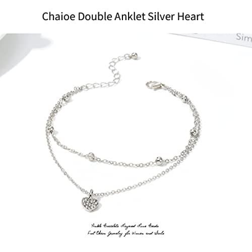 Chaioe Double Anklet Silver Heart Ankle Bracelets Layered Love Beads Foot Chain Jewelry for Women and Girls