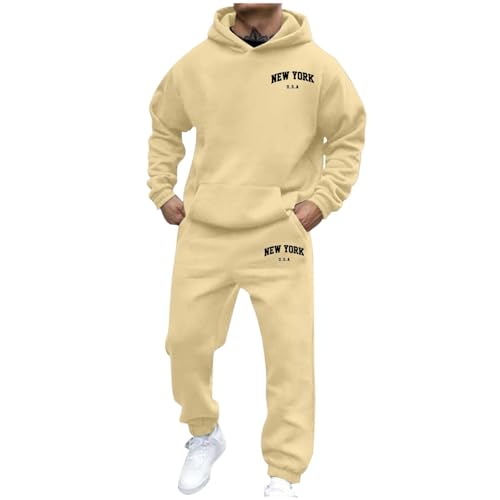 Men's 2 Piece Linen Shirts Sets Long Sleeve Hoodie Sweatpants Mens Tracksuit Set Hoodie Top Sportswear Jogging Suit Track Suits Fleece Lined Tracksuit Bottoms Men Xmas Gift Beige