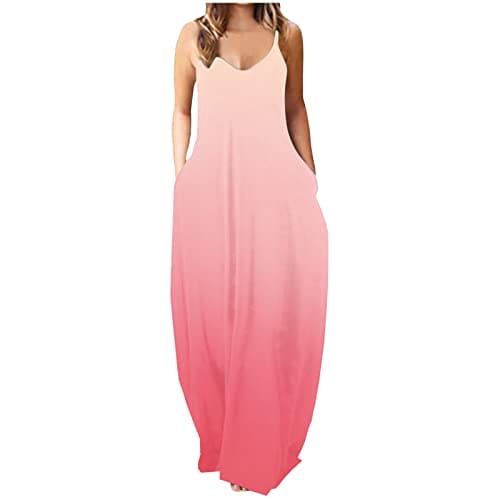 HAOLEI Maxi Dresses for Women Plus Size Loose Baggy Tie Dye Dress Sleeveless Spaghetti Strap Sundress Summer V Neck Long Dresses Beach Casual Elegant Gradient Print Dress with Pockets UK Clearance