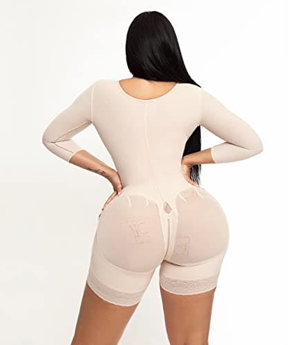 Forma tu Cuerpo, Fajas Colombianas, Bodysuit Mid Thigh with Bra, Long Sleeves, centrar Clasps, Perineal Zipper,O-093,2XL, Beige