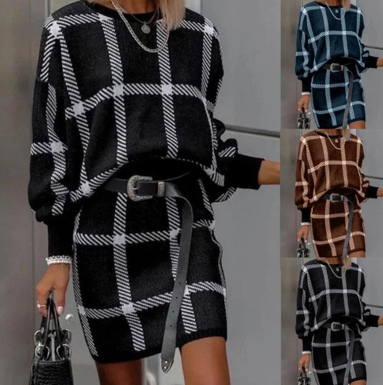 Round necked plaid pullover long sleeved woolen short skirt set of two pieces