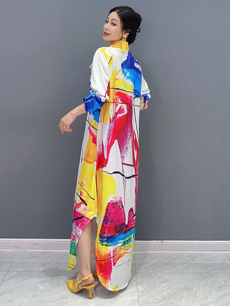 Print Fashion Asymmetrical Turn Down Collar Dress