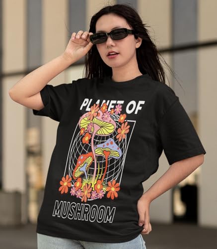 Women's Oversized Baggy Fit Short Sleeved Slogan Printed T-Shirts (UK, Alpha, S, Regular, Regular, Black : Planet of Mushroom Slogan Printed T-Shirt)