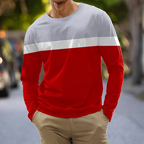 Mens Long Sleeve T Shirt Long Sleeve Polo Shirts Mens Deals Mens Fashion Casual Sports Striped Stitching Digital Printing Round Neck T Shirt Long Sleeve Top Short Sleeve Plus Size Shirt (1-Red, XXL)