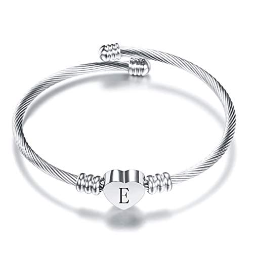 KunBead Jewelry Women Girls Cheap Initial Letter E Cuff Bracelet Silver Alphabet Heart Bangle Bracelets Gift for Birthday Sale