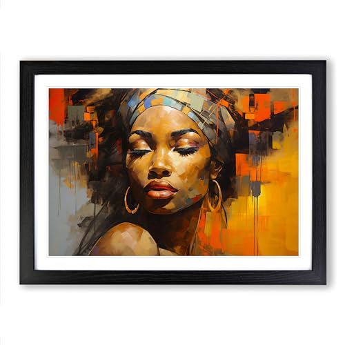 African Woman Abstract - Framed Wall Art Print - Ready to Hang Picture - Modern Art for Living Room Bedroom Kitchen Home - Black A4 (27 x 36 cm)