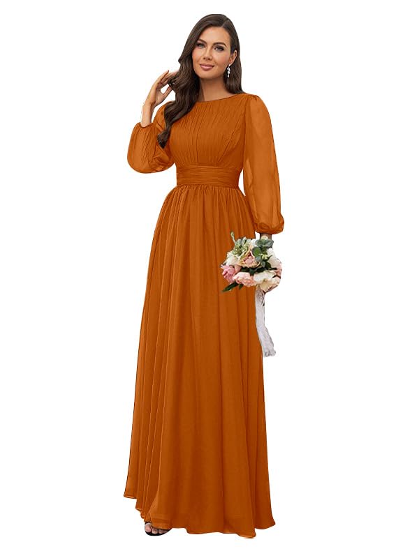 PAVERJER Burnt Orange Bridesmaid Dresses with Sleeves Crewneck A Line Chiffon Pleated Formal Dress for Wedding Gust Size 4