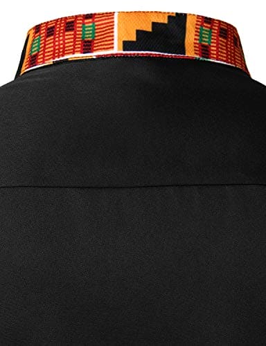 PARKLEES Men's African Dashiki Tribal Graphic Patchwork Long Sleeve Printed Grandad Collar Shirt PZZCL46 Black XL