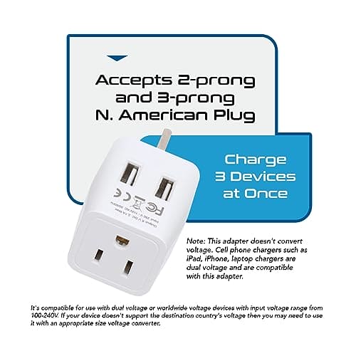 Ceptics London, Hong Kong, Ireland Travel Adapter Plug - With Dual USB + USA Input - Type G - Ultra Compact - Safe Grounded Perfect for Cell Phones, Laptops, Camera Chargers (CTU-7)