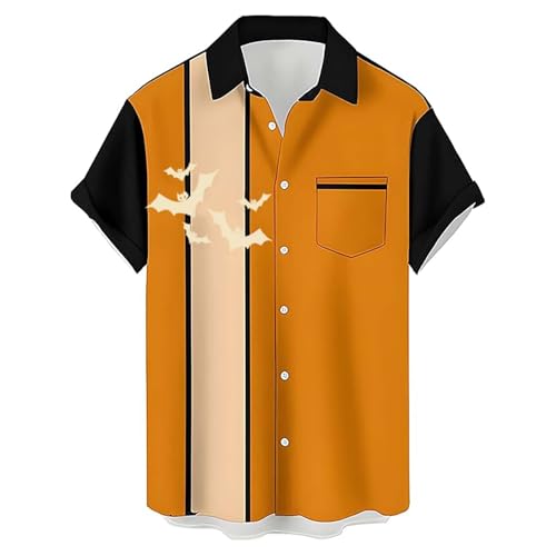 EMUKFD Halloween Mens Orange Shirts Bat Graphic T Shirts Short Sleeve Button Down Regular Fit T-Shirts Holiday Casual Tops Funny Blouses Bowling Tee Shirt Prime Deals