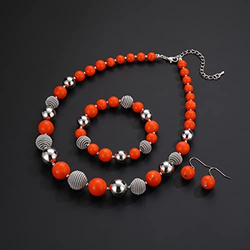 BULINLIN Chunky Beaded Silver Necklace Earrings Pearl Handmade Bracelet Set Statement Costume Fashion Jewellery Set Birthday Gifts for Women (48-Orange)