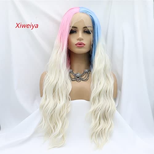 Xiweiya Blue Pink White Lace Front Wig Loose Wavy Half Blue Half Pink Synthetic Lace Wig with Blonde Tips Loose Curly Heat Resistant Fiber Wig 180% Density Hair for Women 24inch…