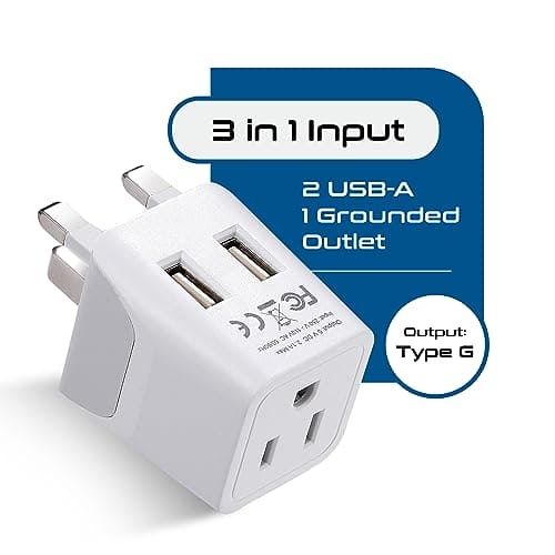 Ceptics London, Hong Kong, Ireland Travel Adapter Plug - With Dual USB + USA Input - Type G - Ultra Compact - Safe Grounded Perfect for Cell Phones, Laptops, Camera Chargers (CTU-7)