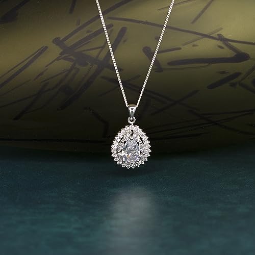 Tuscany Silver Women's Sterling Silver White Cubic Zirconia 18 x 30 mm Cluster Teardrop Pendant Chain Necklace of Length 46 cm/18 Inch