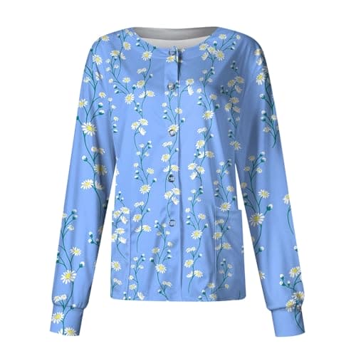 Scrub Jackets for Women Casual Oversized Long Sleeve Scrub Tops Vintage Floral Print Button Front Stretchy Nurse Working Uniforms Turquoise L Scrub Tops Women Print Scrubs for Women