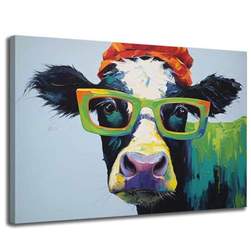 GLOKAKA Cow Pictures Wall Decor Funny Colorful Curious Cow with Large Green Glasses Canvas Wall Art Print Pictures Farm Animal Painting for Kids Room Bathroom Kitchen Decor