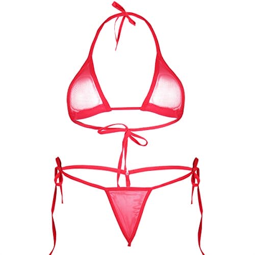 inlzdz Womens Sexy Tiny 2PCs Bikini Set Sheer Mesh See Through Swimsuit Bra Top with G-String Briefs Red One Size