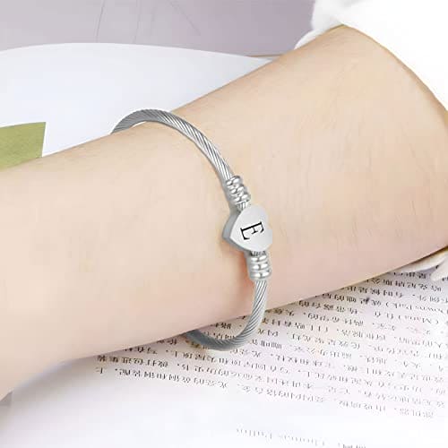 KunBead Jewelry Women Girls Cheap Initial Letter E Cuff Bracelet Silver Alphabet Heart Bangle Bracelets Gift for Birthday Sale