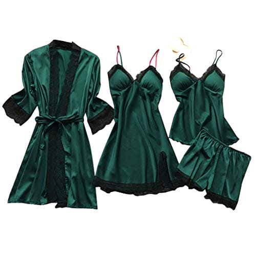 HAOLEI Pyjamas for Women 4 Pcs Glossy Satin Pyjama Set Sexy Lingerie Silk Kimono Robe Cami Vest Shorts Nightdress Set Ladies Casual Loose Fit Pajamas Suit Sleepwear Loungewear Pjs Set Sale Clearance