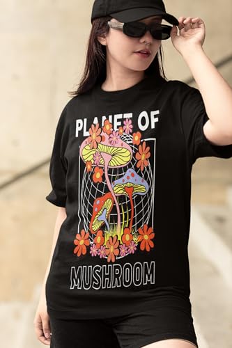 Women's Oversized Baggy Fit Short Sleeved Slogan Printed T-Shirts (UK, Alpha, S, Regular, Regular, Black : Planet of Mushroom Slogan Printed T-Shirt)