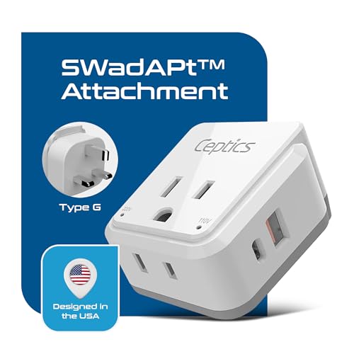 Ceptics UK, Ireland Power Adapter Travel, Safe Dual USB & USB-C 3.1A - 2 USA Socket - Compact & Powerful - Use in Hong Kong, England, Dubai, Saudi Arabia - Includes Type G Swadapt Attachments