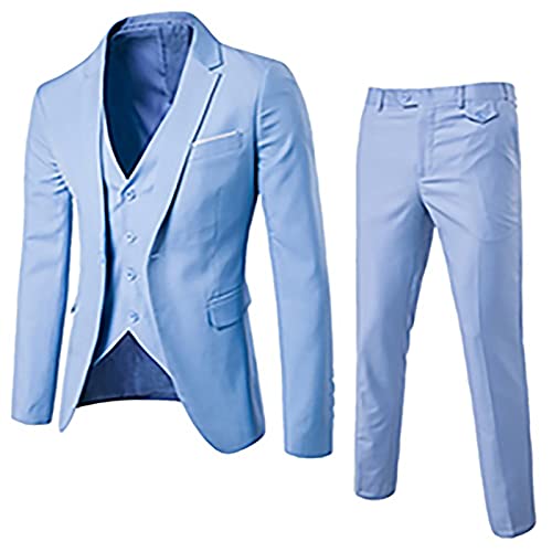 Clearance UK Mens Suits 3 Pieces Blazer Trousers and Waistcoat Classic Formal Business Wedding Suits Male Slim Fit Checked Suit Waistcoat Pants Three Piece Suit Light Blue