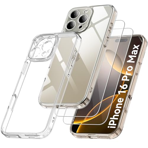 Qasyfanc Camera Cover Case Compatible with iPhone 16 Pro Max 6.9" with 2 Pack Tempered Glass Screen Protector, Non-Yellowing Shockproof Phone Bumper Cover, Hard PC Anti-Scratch Case Clear