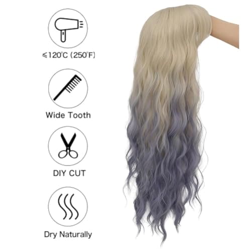 Siudus Womens Blonde to Blue Curly Long Wig with Bangs Wavy Wave Natural Looking Synthetic Fiber Wig for Cosplay Halloween Use